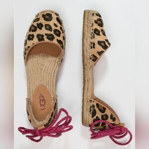 UGG Libbi Leopard Espadrille Sandals Calf Hair Pink Ankle Tie